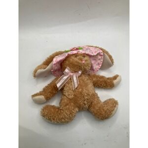 Brown Plush Bunny Rabbit Wearing Pink Floral Hat‎ Stuffed Animal Toy Gift